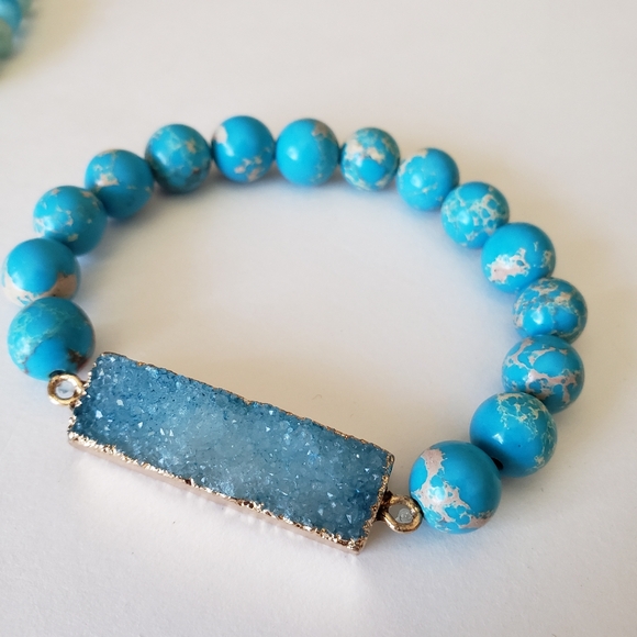 Bohemian Blue Ocean Women's bracelet 5pcs Natural Stone Glass Handmade Beaded - Picture 9 of 15